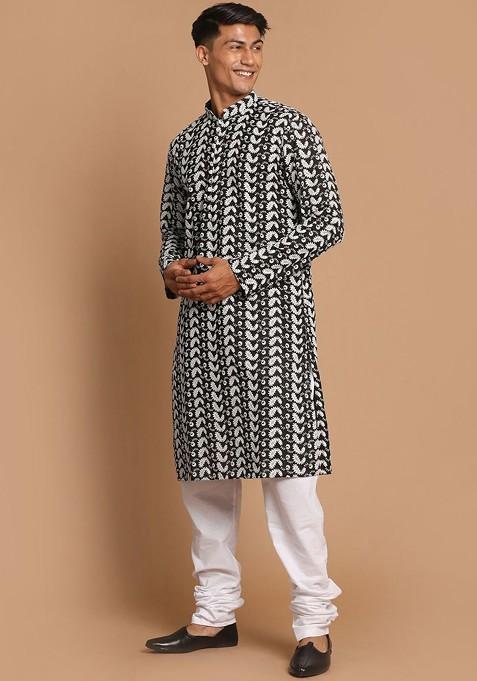 Black Floral Print Cotton Kurta Set For Men