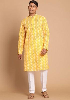 Orange Ethnic Motifs Cotton Kurta Set For Men