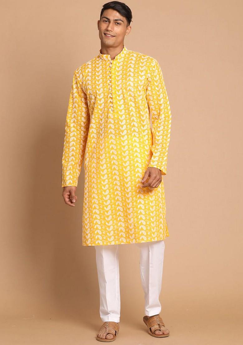 Orange Ethnic Motifs Cotton Kurta Set For Men