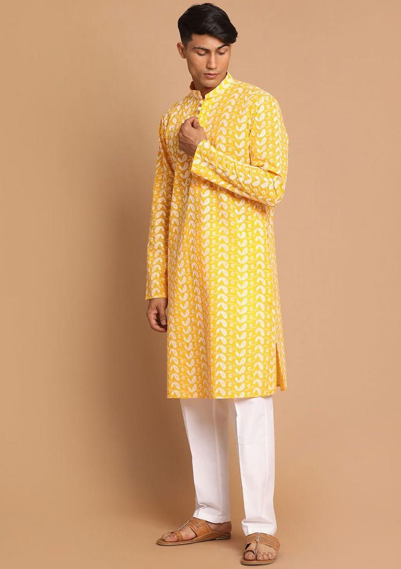 Orange Ethnic Motifs Cotton Kurta Set For Men