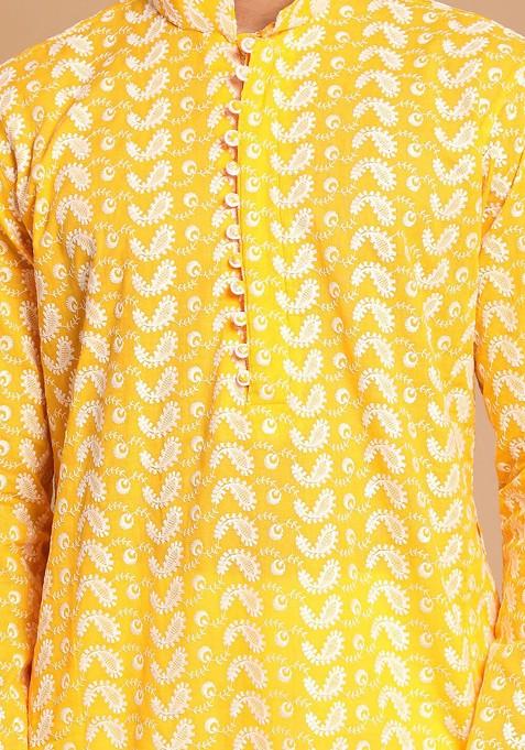 Orange Ethnic Motifs Cotton Kurta Set For Men