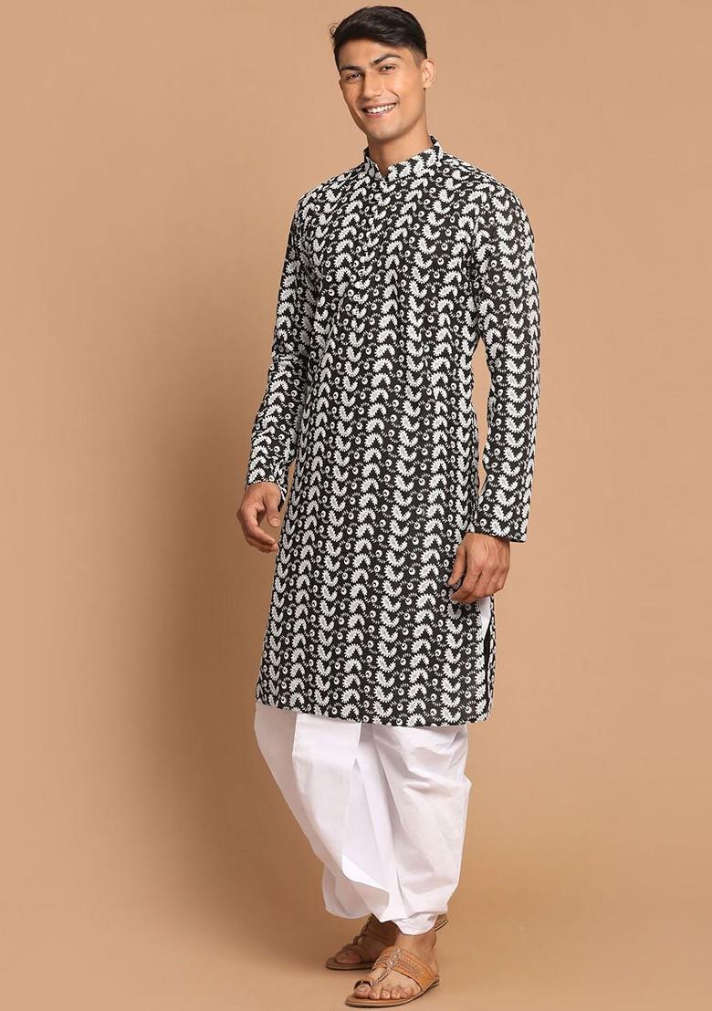 Black Embroidered Cotton Kurta Set For Men
