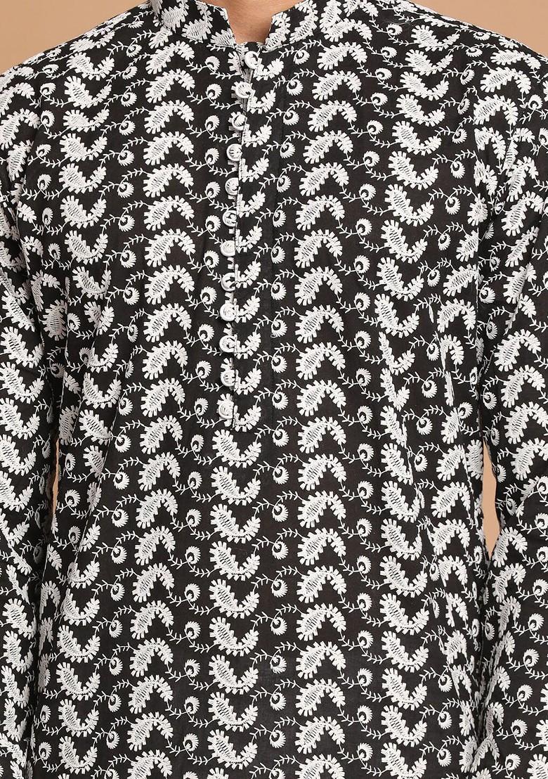 Black Embroidered Cotton Kurta Set For Men