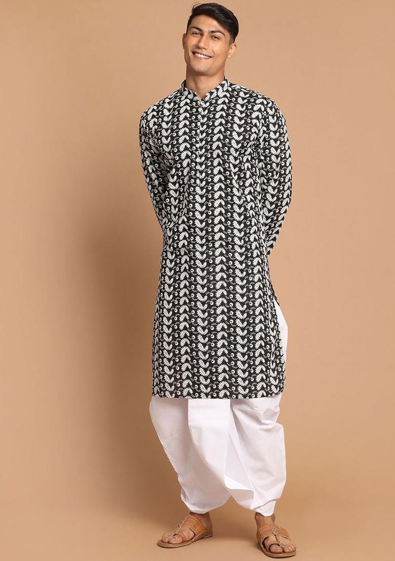 Black Embroidered Cotton Kurta Set For Men