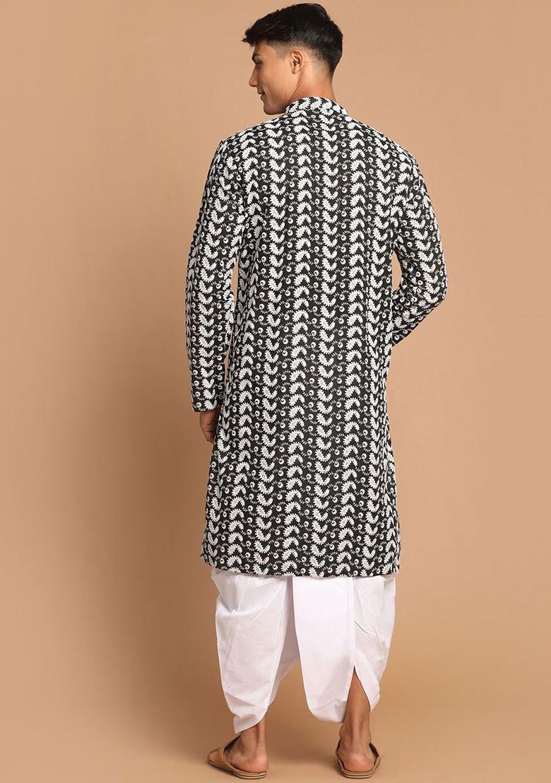 Black Embroidered Cotton Kurta Set For Men
