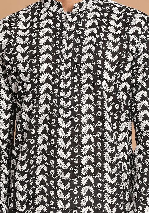 Black Embroidered Cotton Kurta Set For Men