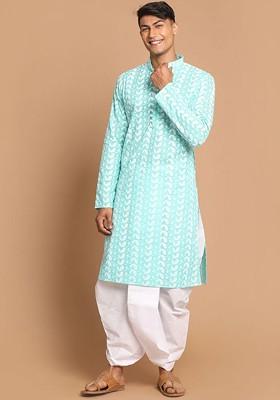 Green Embroidered Cotton Kurta Set For Men