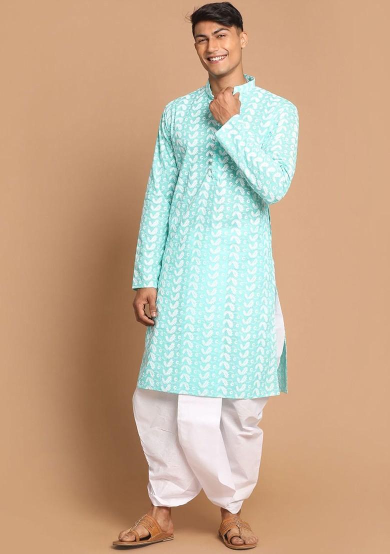 Green Embroidered Cotton Kurta Set For Men