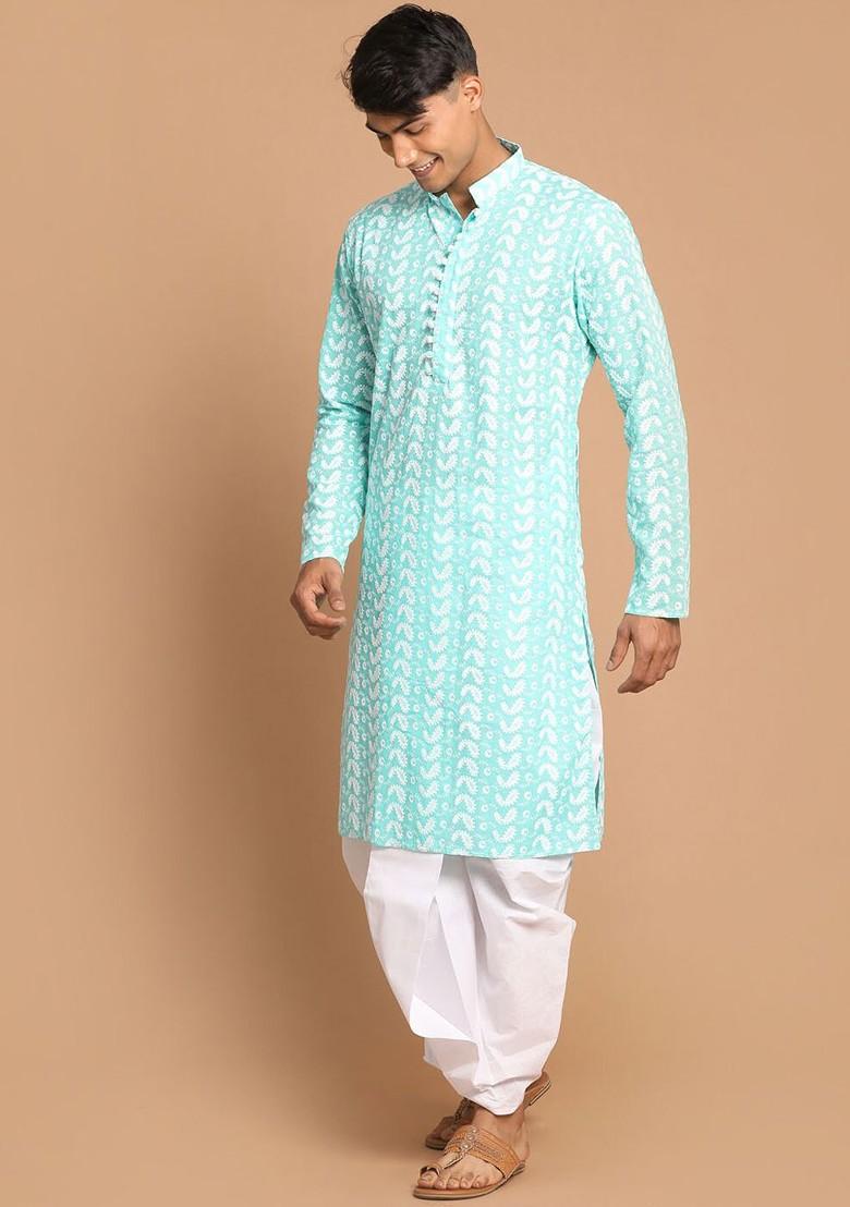 Green Embroidered Cotton Kurta Set For Men