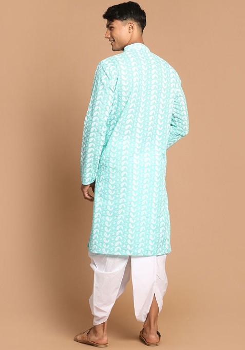 Green Embroidered Cotton Kurta Set For Men