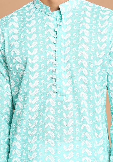 Green Embroidered Cotton Kurta Set For Men