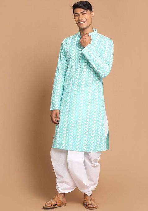 Green Embroidered Cotton Kurta Set For Men