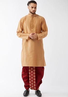 Rose Gold Solid Poly Blend Kurta Set For Men