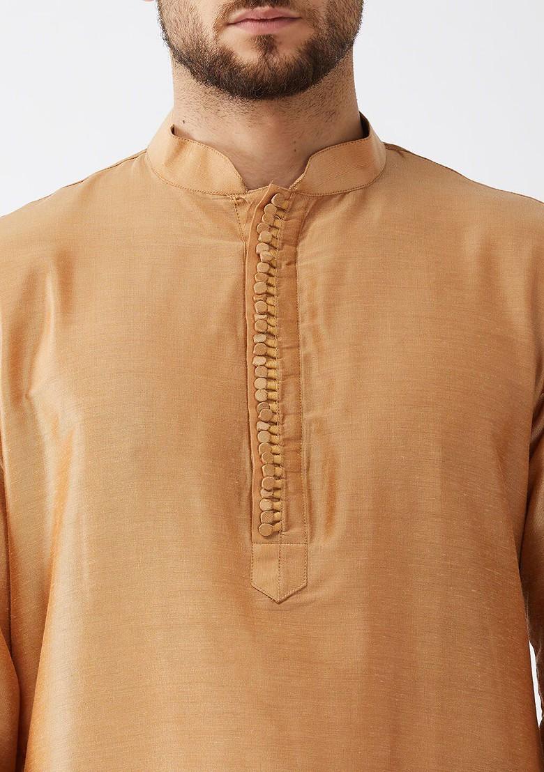 Rose Gold Solid Poly Blend Kurta Set For Men