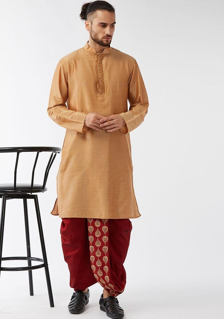 Rose Gold Solid Poly Blend Kurta Set For Men