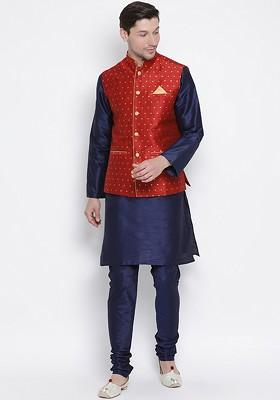Navy Blue Solid Poly Blend Kurta Set For Men
