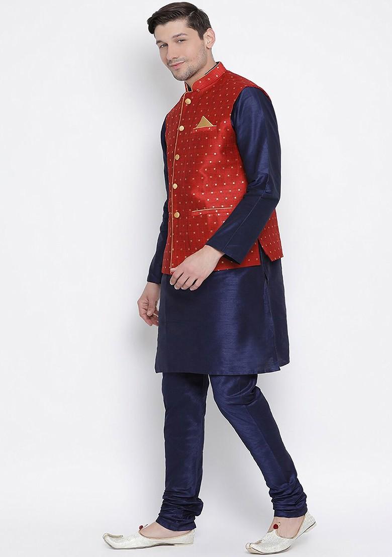 Navy Blue Solid Poly Blend Kurta Set For Men