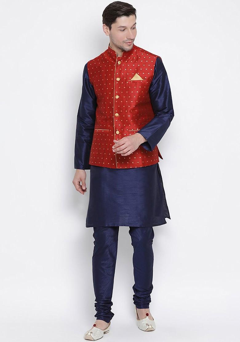 Navy Blue Solid Poly Blend Kurta Set For Men