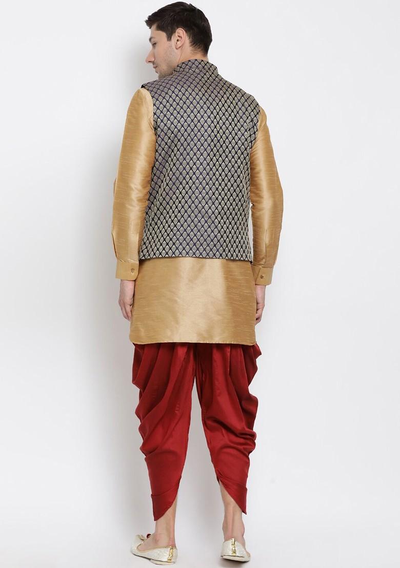 Rose Gold Solid Poly Blend Kurta Set For Men