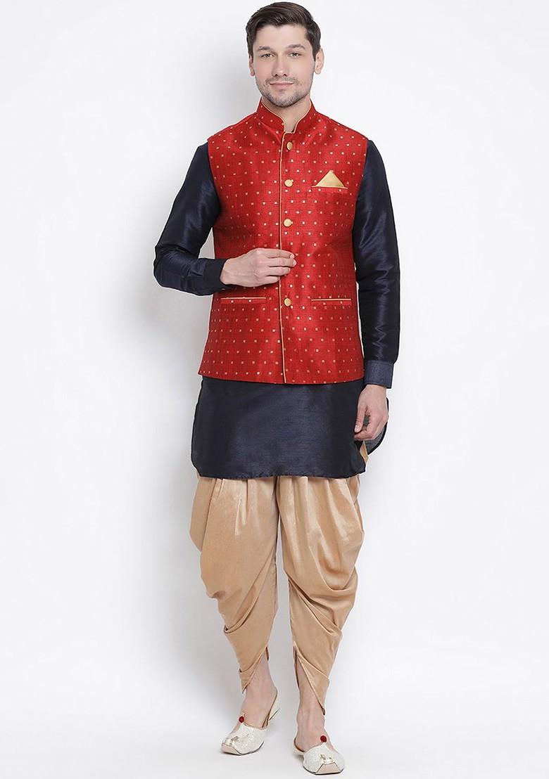 Navy Blue Solid Poly Blend Kurta Set For Men