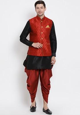 Black Solid Poly Blend Kurta Set For Men
