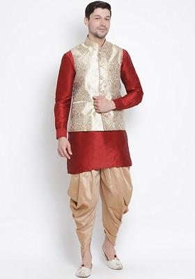 Maroon Solid Poly Blend Kurta Set For Men