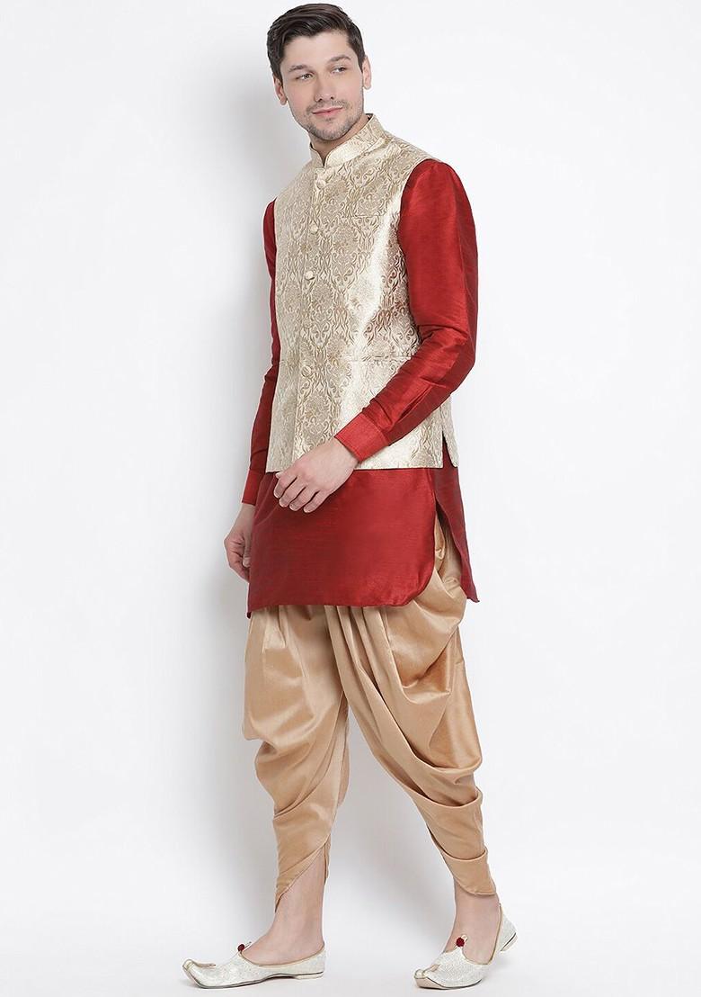 Maroon Solid Poly Blend Kurta Set For Men