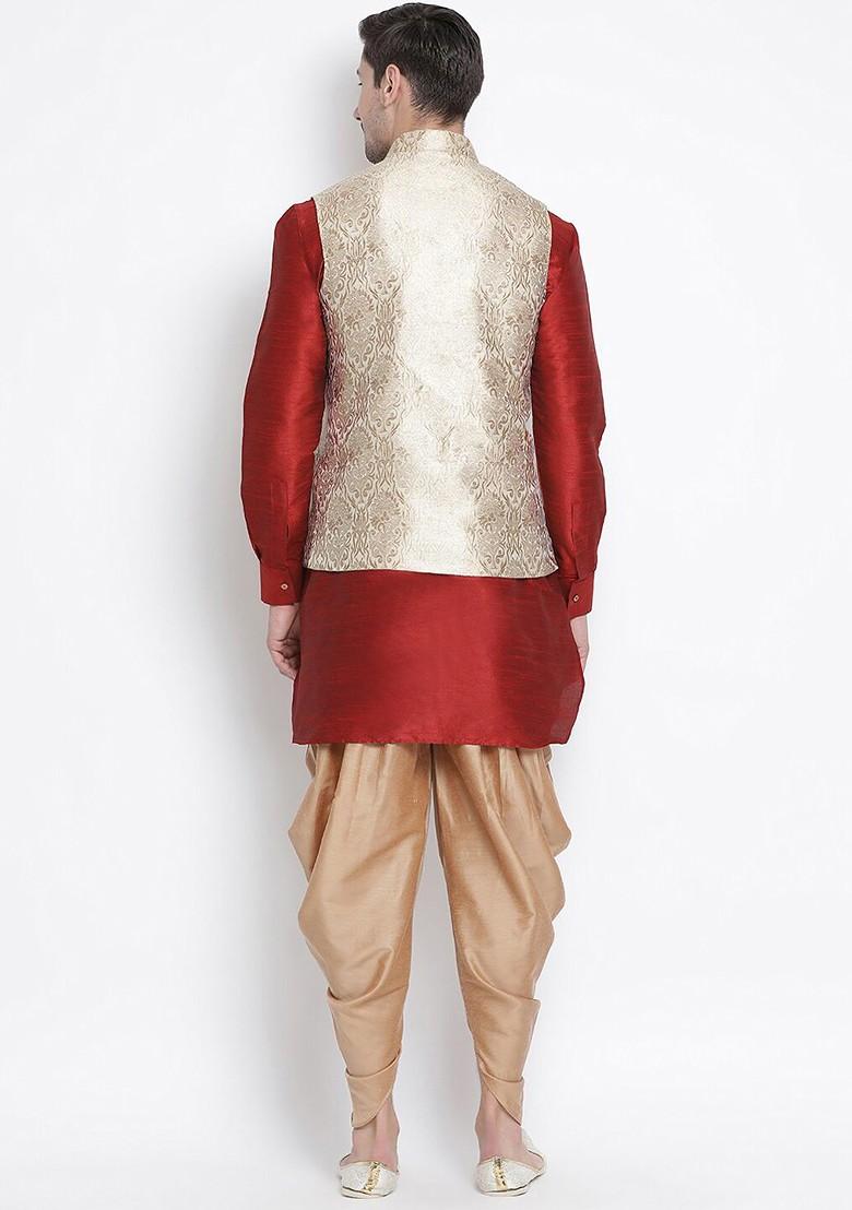 Maroon Solid Poly Blend Kurta Set For Men