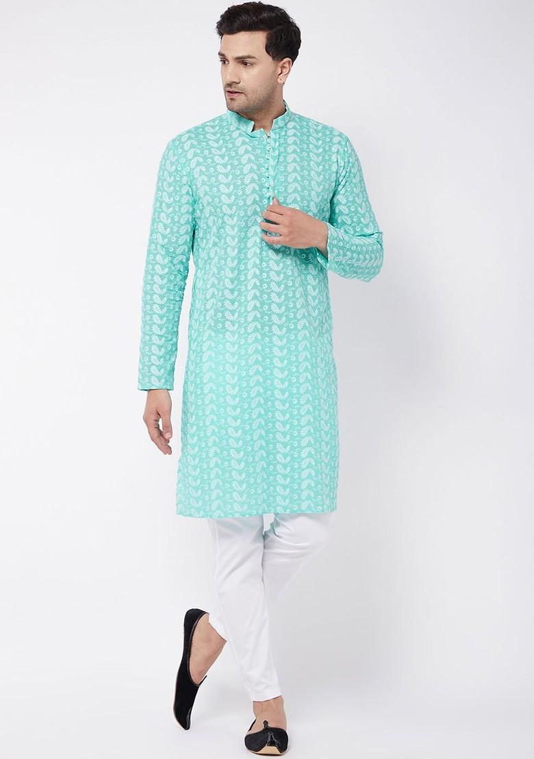 Green Embroidered Cotton Kurta Set For Men