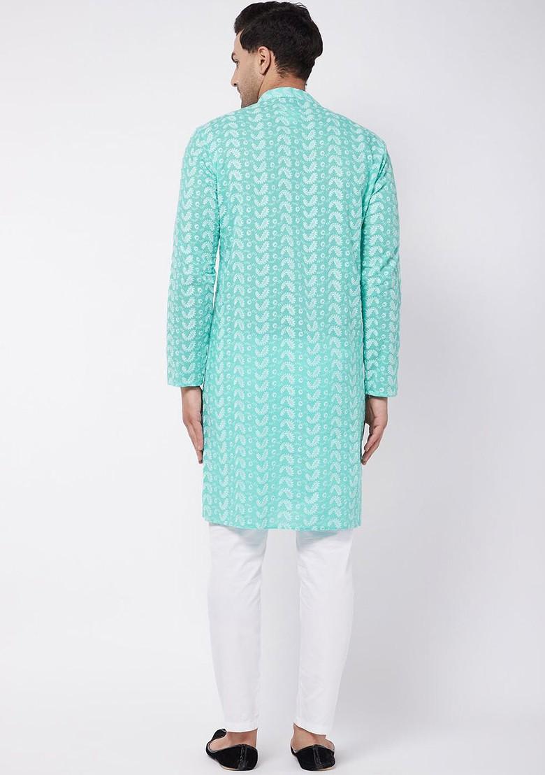 Green Embroidered Cotton Kurta Set For Men