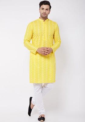 Mustard Solid Poly Blend Kurta Set For Men