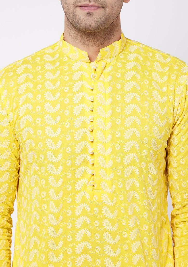 Mustard Solid Poly Blend Kurta Set For Men