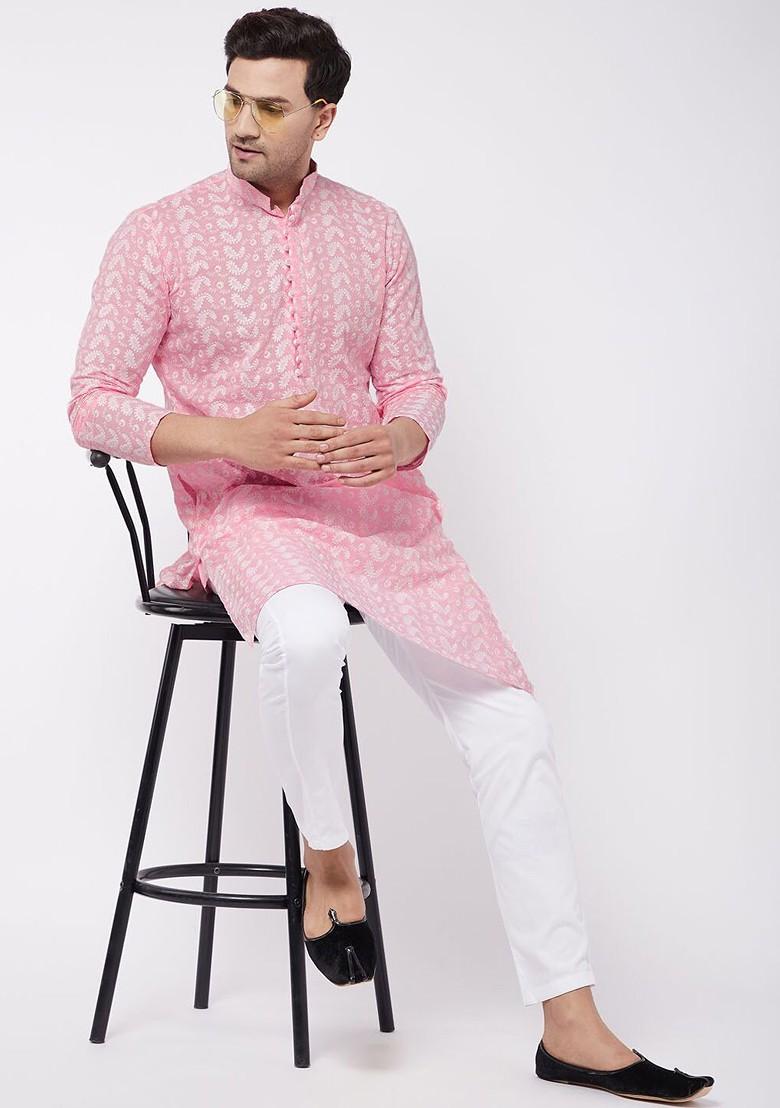Pink Solid Cotton Kurta Set For Men