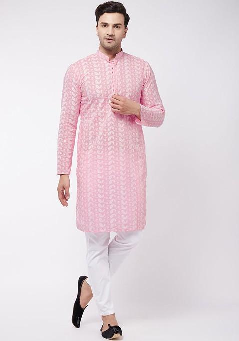 Pink Solid Cotton Kurta Set For Men — view on Indya