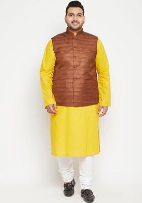 Yellow Woven Poly Blend Kurta Set For Men