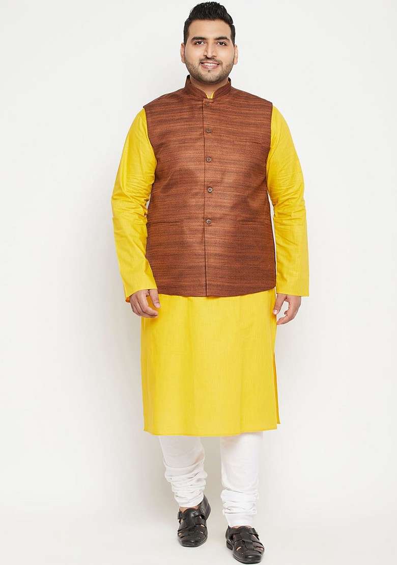 Yellow Woven Poly Blend Kurta Set For Men - Indya