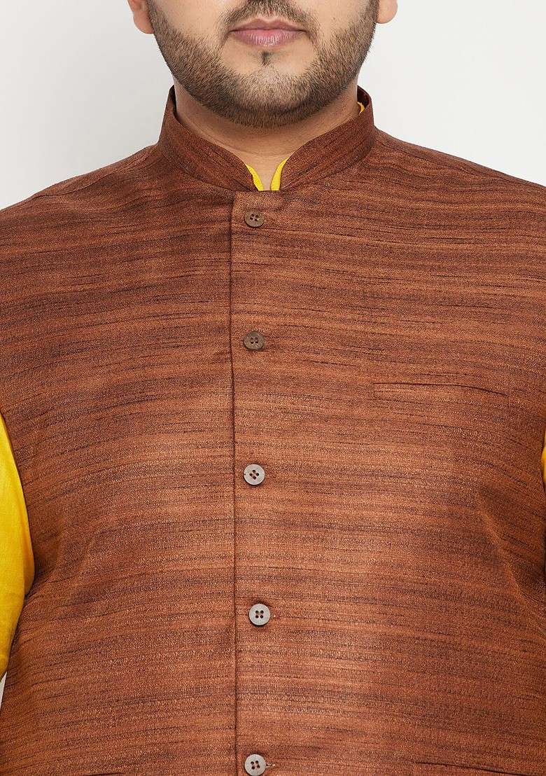 Yellow Woven Poly Blend Kurta Set For Men - Indya