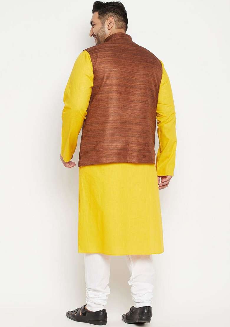 Yellow Woven Poly Blend Kurta Set For Men - Indya