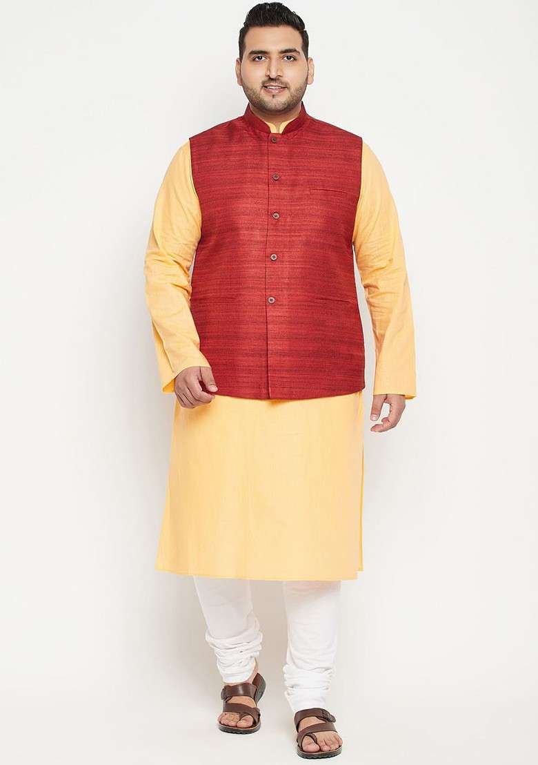 Yellow Woven Poly Blend Kurta Set For Men - Indya
