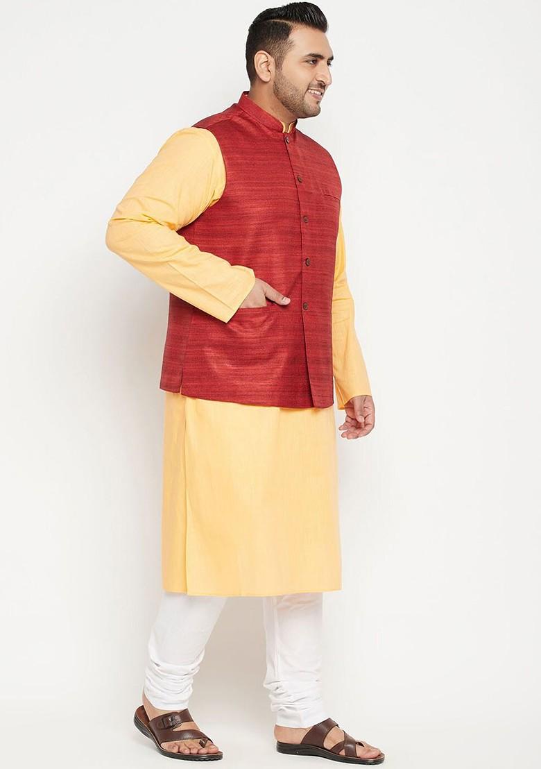 Yellow Woven Poly Blend Kurta Set For Men