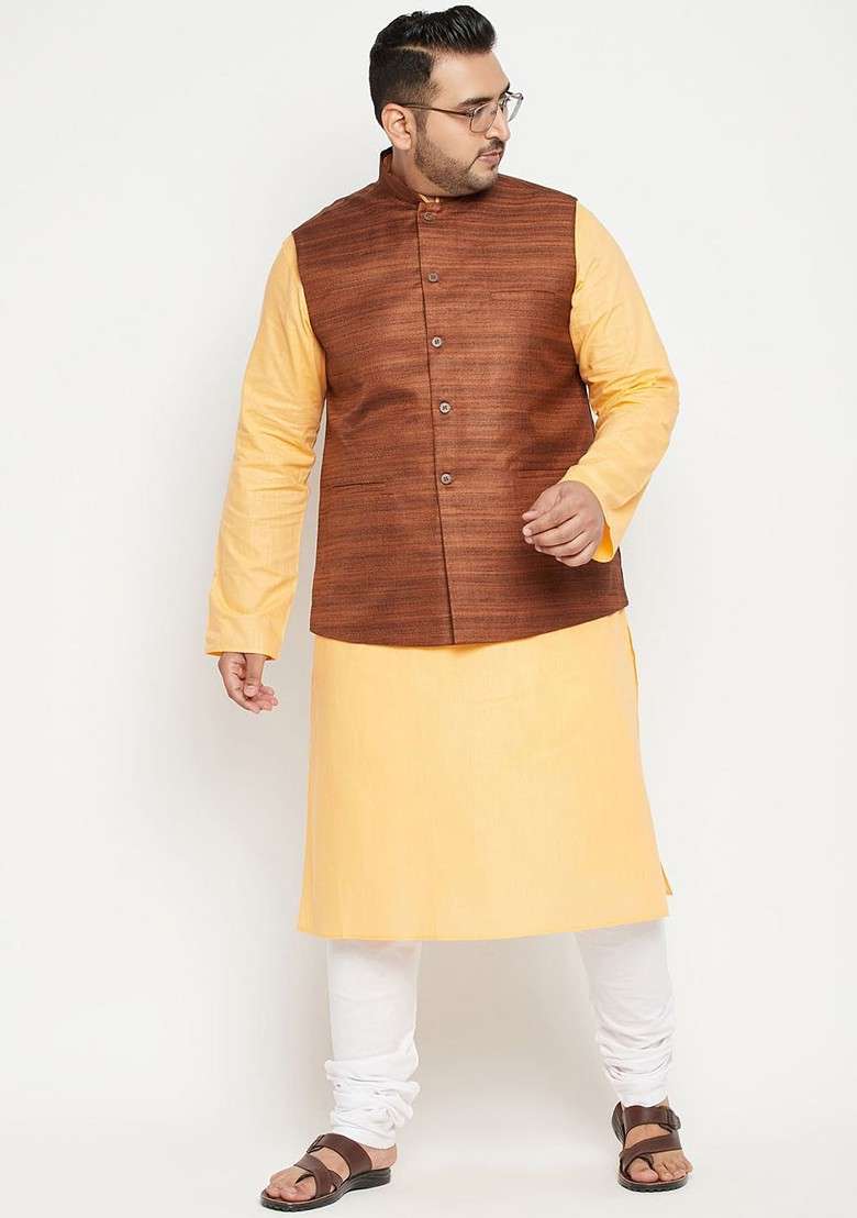 Yellow Woven Poly Blend Kurta Set For Men - Indya