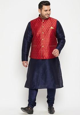 Navy Blue Woven Poly Blend Kurta Set For Men