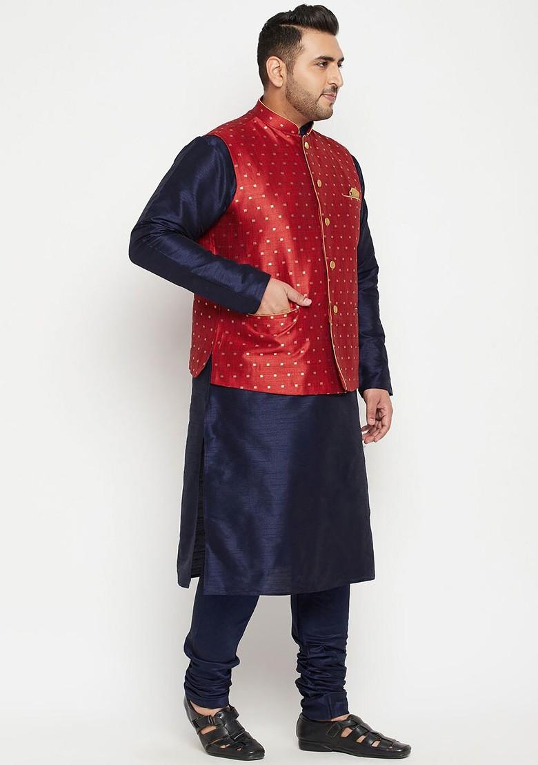 Navy Blue Woven Poly Blend Kurta Set For Men