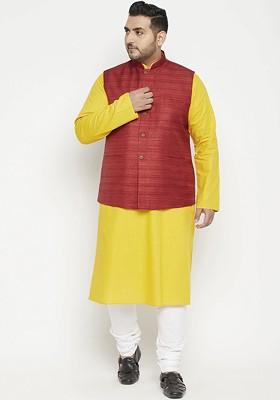 Mustard Solid Poly Blend Kurta Set For Men