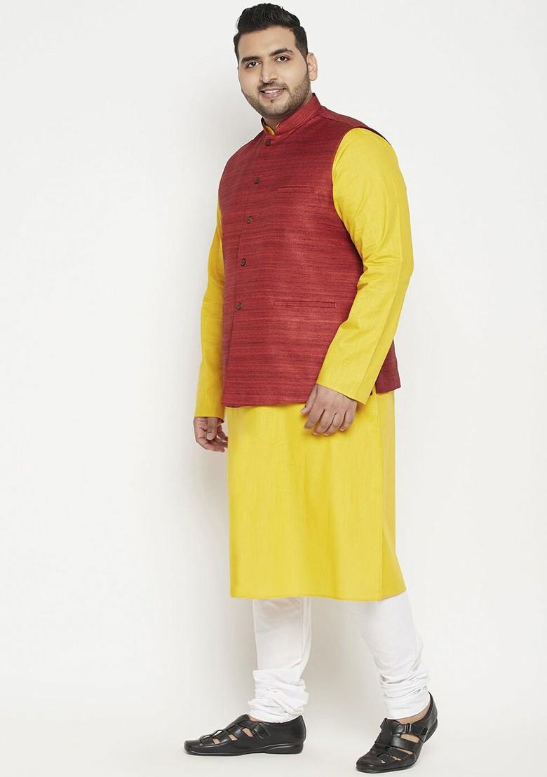 Mustard Solid Poly Blend Kurta Set For Men