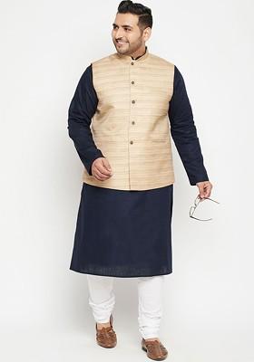Navy Blue Solid Poly Blend Kurta Set For Men