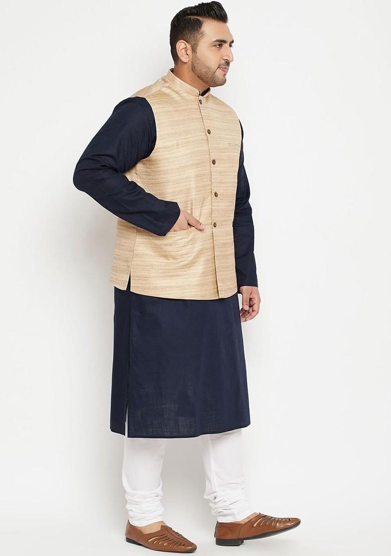Navy Blue Solid Poly Blend Kurta Set For Men