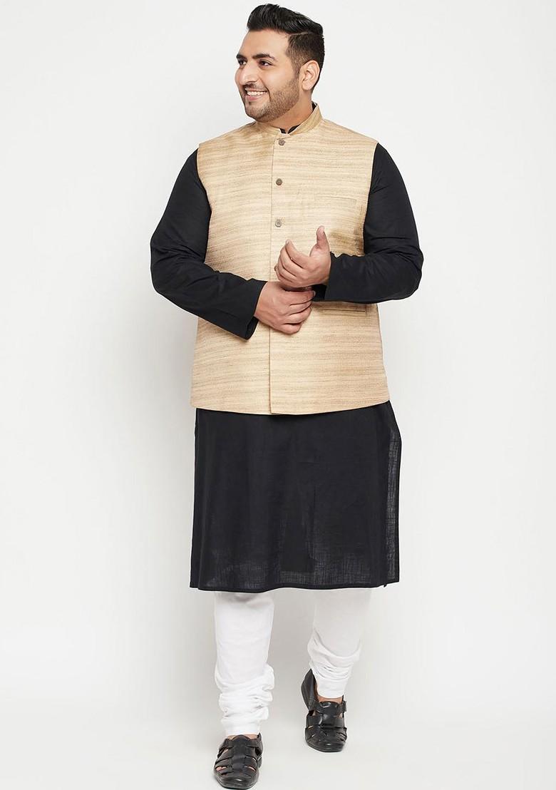 Black Solid Poly Blend Kurta Set For Men