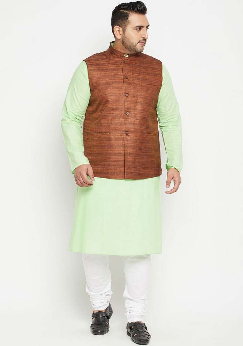 Green Solid Poly Blend Kurta Set For Men - Indya