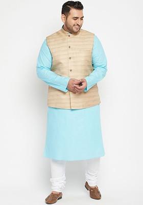 Blue Solid Poly Blend Kurta Set For Men